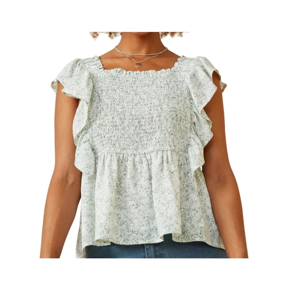 Hayden Womens Green Ditsy Floral Smocked Ruffle Peplum Tank Size Medium